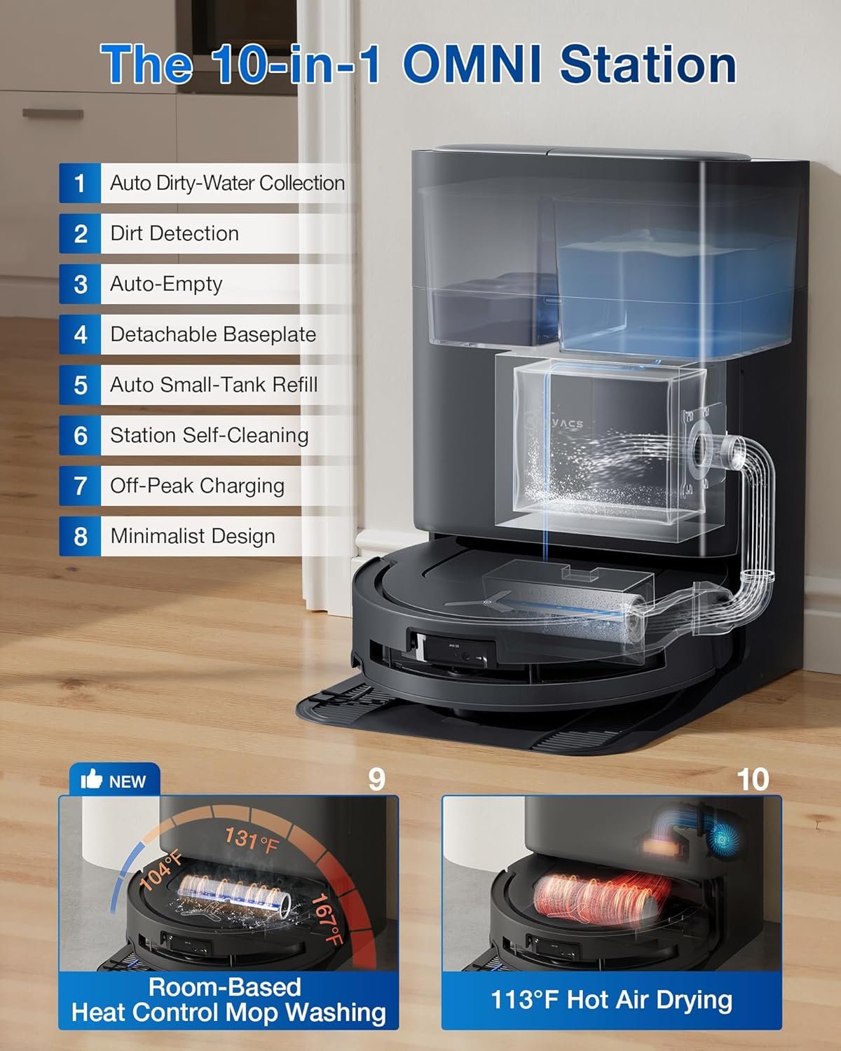 ECOVACS DEEBOT T80 Omni Robot Aspirador y trapeador, succión de 18,000 Pa, lavado de mopa OZMO™ en tiempo real, vaciado automático, secado con aire caliente, navegación AI, cepillo antienredos, para - Imagen 6