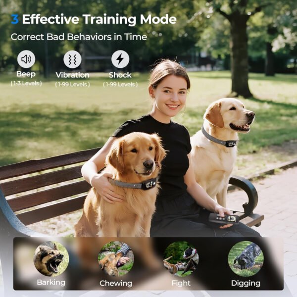 Collar de choque para perros para 2 perros (10-120 libras), collar de entrenamiento remoto de 4200 pies con luz para paseos nocturnos, 3 modos de entrenamiento, collar electrónico recargable - Imagen 3