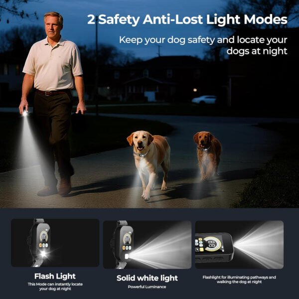 Collar de choque para perros para 2 perros (10-120 libras), collar de entrenamiento remoto de 4200 pies con luz para paseos nocturnos, 3 modos de entrenamiento, collar electrónico recargable - Imagen 4