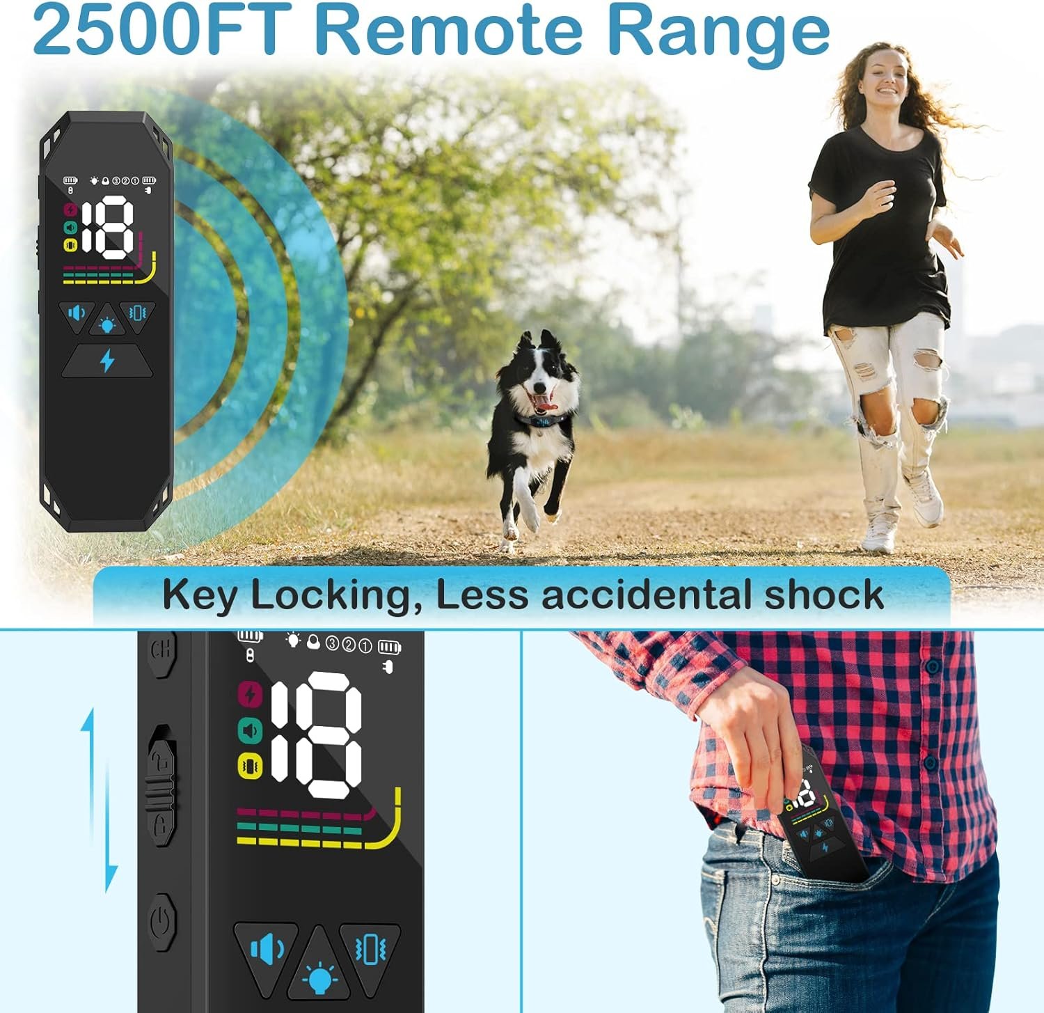 Collar de entrenamiento para perros, collar de choque para perros con control remoto, 2500 pies y 4 modos de entrenamiento pitido, vibración, choque eléctrico, IP67 impermeable, recargable, collar - Imagen 5