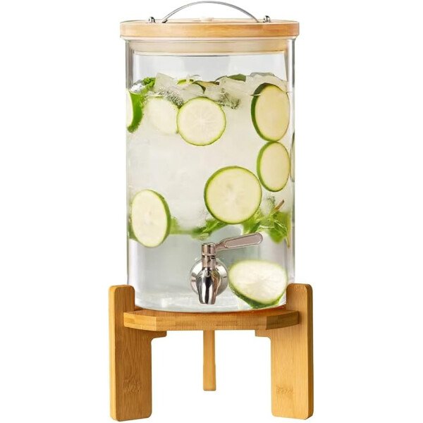 Dispensador de bebidas, dispensador de bebidas de vidrio de 2.1 galones con soporte, dispensador de agua de vidrio con espiga, dispensadores de bebidas grandes para fiestas, bares, restaurantes, 8L