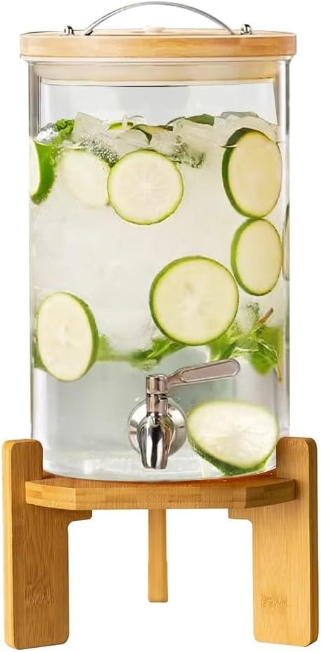 Dispensador de bebidas, dispensador de bebidas de vidrio de 2.1 galones con soporte, dispensador de agua de vidrio con espiga, dispensadores de bebidas grandes para fiestas, bares, restaurantes, 8L