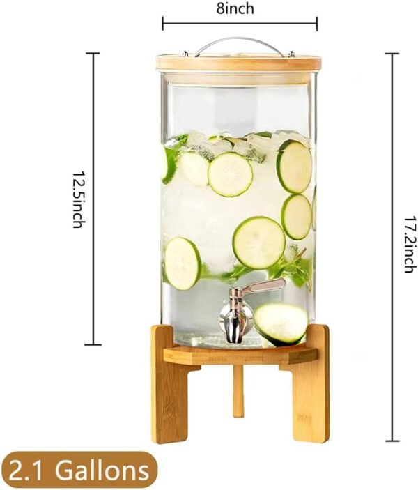 Dispensador de bebidas, dispensador de bebidas de vidrio de 2.1 galones con soporte, dispensador de agua de vidrio con espiga, dispensadores de bebidas grandes para fiestas, bares, restaurantes, 8L - Imagen 3