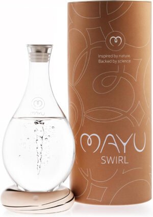 MAYU Jarra de agua estructurada con remolino, innovadora tecnología Vortex soplada a mano. Filtro de ósmosis inversa con soporte dispensador de agua de aireación de 1.5 litros| Diseño de jarra de