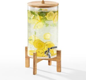 Dispensador de bebidas de vidrio de 2 galones con soporte, dispensador de bebidas con tapa de madera y grifo de acero inoxidable, dispensador de agua de vidrio para fiestas, ideal para jugo, té