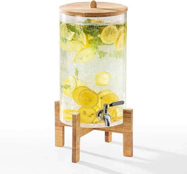 Dispensador de bebidas de vidrio de 2 galones con soporte, dispensador de bebidas con tapa de madera y grifo de acero inoxidable, dispensador de agua de vidrio para fiestas, ideal para jugo, té