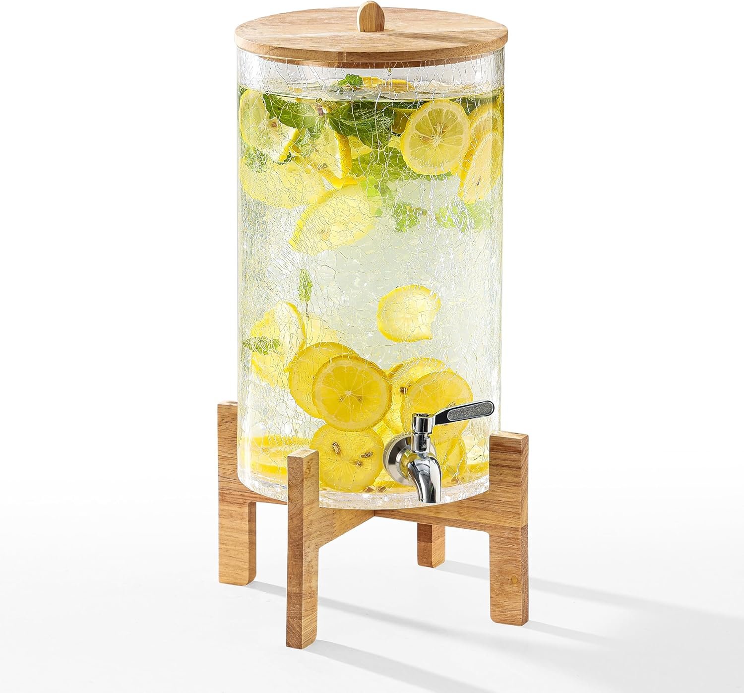 Dispensador de bebidas de vidrio de 2 galones con soporte, dispensador de bebidas con tapa de madera y grifo de acero inoxidable, dispensador de agua de vidrio para fiestas, ideal para jugo, té