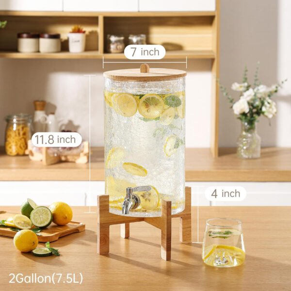 Dispensador de bebidas de vidrio de 2 galones con soporte, dispensador de bebidas con tapa de madera y grifo de acero inoxidable, dispensador de agua de vidrio para fiestas, ideal para jugo, té - Imagen 3