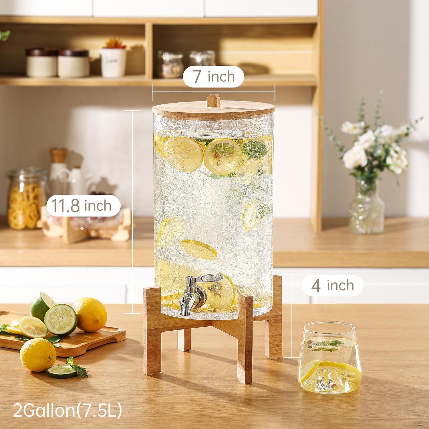 Dispensador de bebidas de vidrio de 2 galones con soporte, dispensador de bebidas con tapa de madera y grifo de acero inoxidable, dispensador de agua de vidrio para fiestas, ideal para jugo, té - Imagen 3