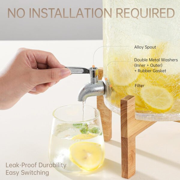 Dispensador de bebidas de vidrio de 2 galones con soporte, dispensador de bebidas con tapa de madera y grifo de acero inoxidable, dispensador de agua de vidrio para fiestas, ideal para jugo, té - Imagen 4