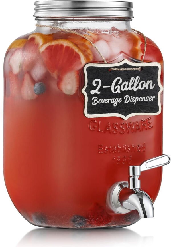 Dispensador de bebidas de vidrio de 2 galones, grifo y tapa de acero inoxidable 18/8 - Dispensadores de bebidas de vidrio para fiestas - Dispensadores de bebidas en tarros Mason con tapas - Soporte
