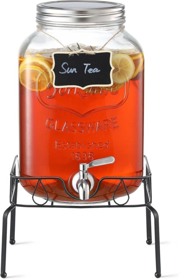 Dispensador de bebidas de vidrio de 2 galones, grifo y tapa de acero inoxidable 18/8 - Dispensadores de bebidas de vidrio para fiestas - Dispensadores de bebidas en tarros Mason con tapas - Soporte - Imagen 8