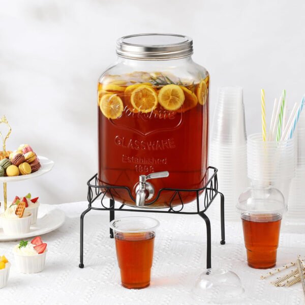 Dispensador de bebidas de vidrio de 2 galones, grifo y tapa de acero inoxidable 18/8 - Dispensadores de bebidas de vidrio para fiestas - Dispensadores de bebidas en tarros Mason con tapas - Soporte - Imagen 9