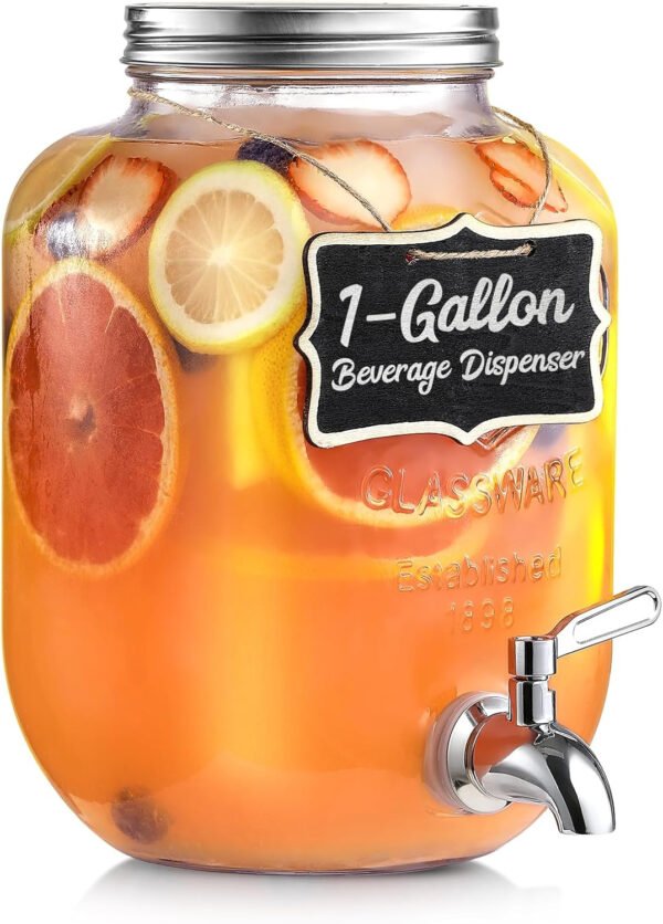 Dispensador de bebidas de vidrio de 2 galones, grifo y tapa de acero inoxidable 18/8 - Dispensadores de bebidas de vidrio para fiestas - Dispensadores de bebidas en tarros Mason con tapas - Soporte - Imagen 14
