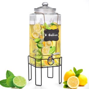 Dispensador de bebidas de vidrio de 2 galones, dispensadores de bebidas para fiestas, dispensador de bebidas con soporte y tapa de vidrio, grifo 100% a prueba de fugas, ideal para limonada, jugo, té