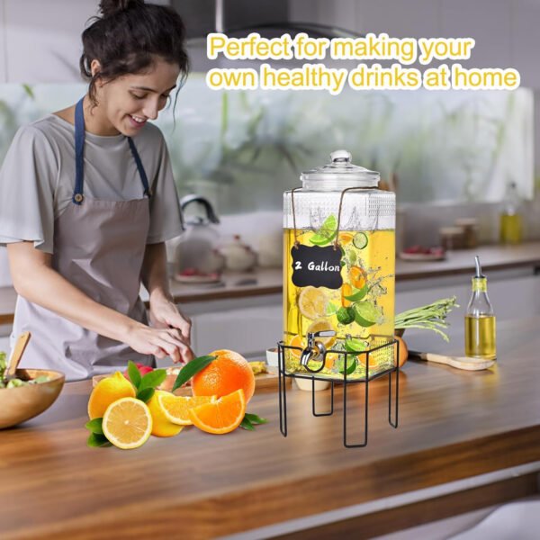 Dispensador de bebidas de vidrio de 2 galones, dispensadores de bebidas para fiestas, dispensador de bebidas con soporte y tapa de vidrio, grifo 100% a prueba de fugas, ideal para limonada, jugo, té - Imagen 2