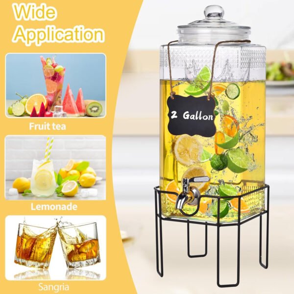 Dispensador de bebidas de vidrio de 2 galones, dispensadores de bebidas para fiestas, dispensador de bebidas con soporte y tapa de vidrio, grifo 100% a prueba de fugas, ideal para limonada, jugo, té - Imagen 4
