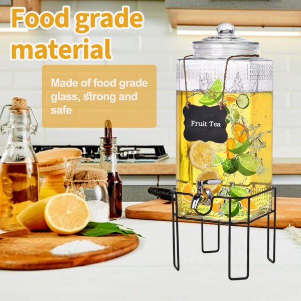 Dispensador de bebidas de vidrio de 2 galones, dispensadores de bebidas para fiestas, dispensador de bebidas con soporte y tapa de vidrio, grifo 100% a prueba de fugas, ideal para limonada, jugo, té - Imagen 5