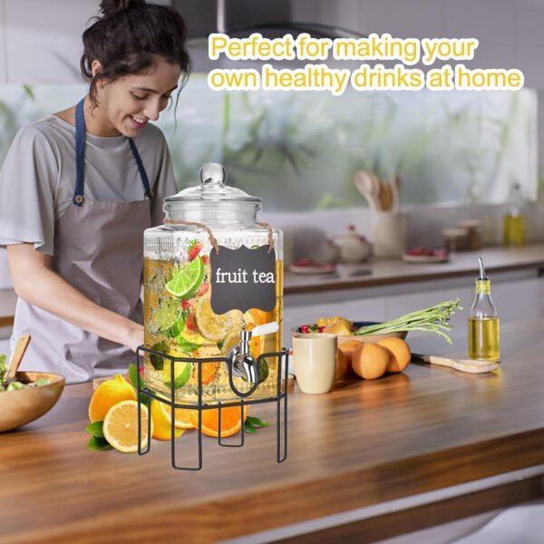 Dispensador de bebidas de vidrio de 2 galones, dispensadores de bebidas para fiestas, dispensador de bebidas con soporte y tapa de vidrio, grifo 100% a prueba de fugas, ideal para limonada, jugo, té - Imagen 23