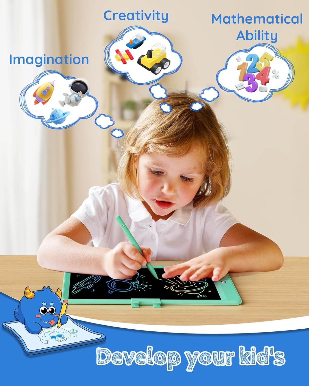 TEKFUN - Tablet de escritura con pantalla LCD, 10 pulgadas, tablet de dibujo con colores, juguetes de regalo para niñas y niños de 3 a 7 años (naranja) - Imagen 3