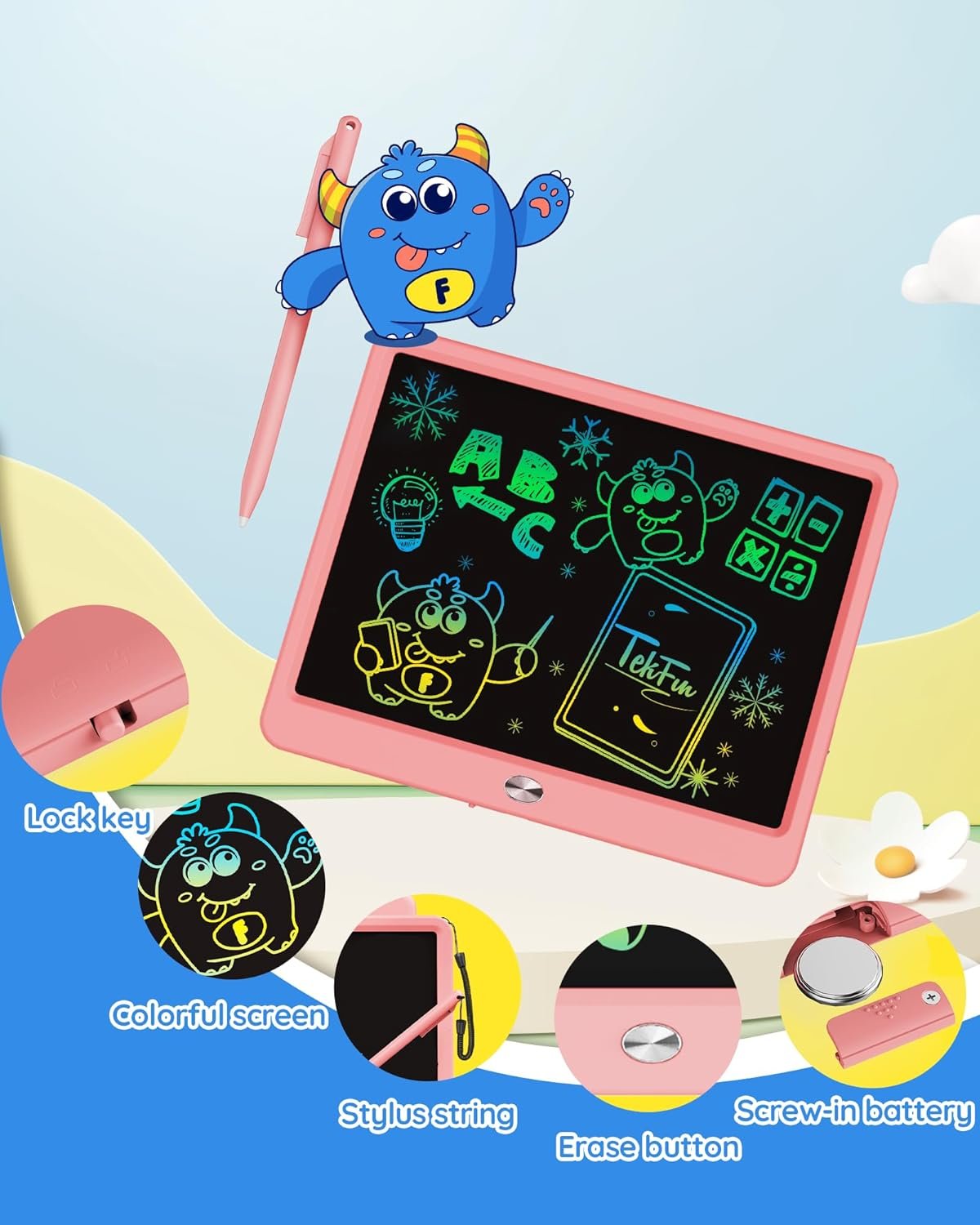 TEKFUN - Tablet de escritura con pantalla LCD, 10 pulgadas, tablet de dibujo con colores, juguetes de regalo para niñas y niños de 3 a 7 años (naranja) - Imagen 36