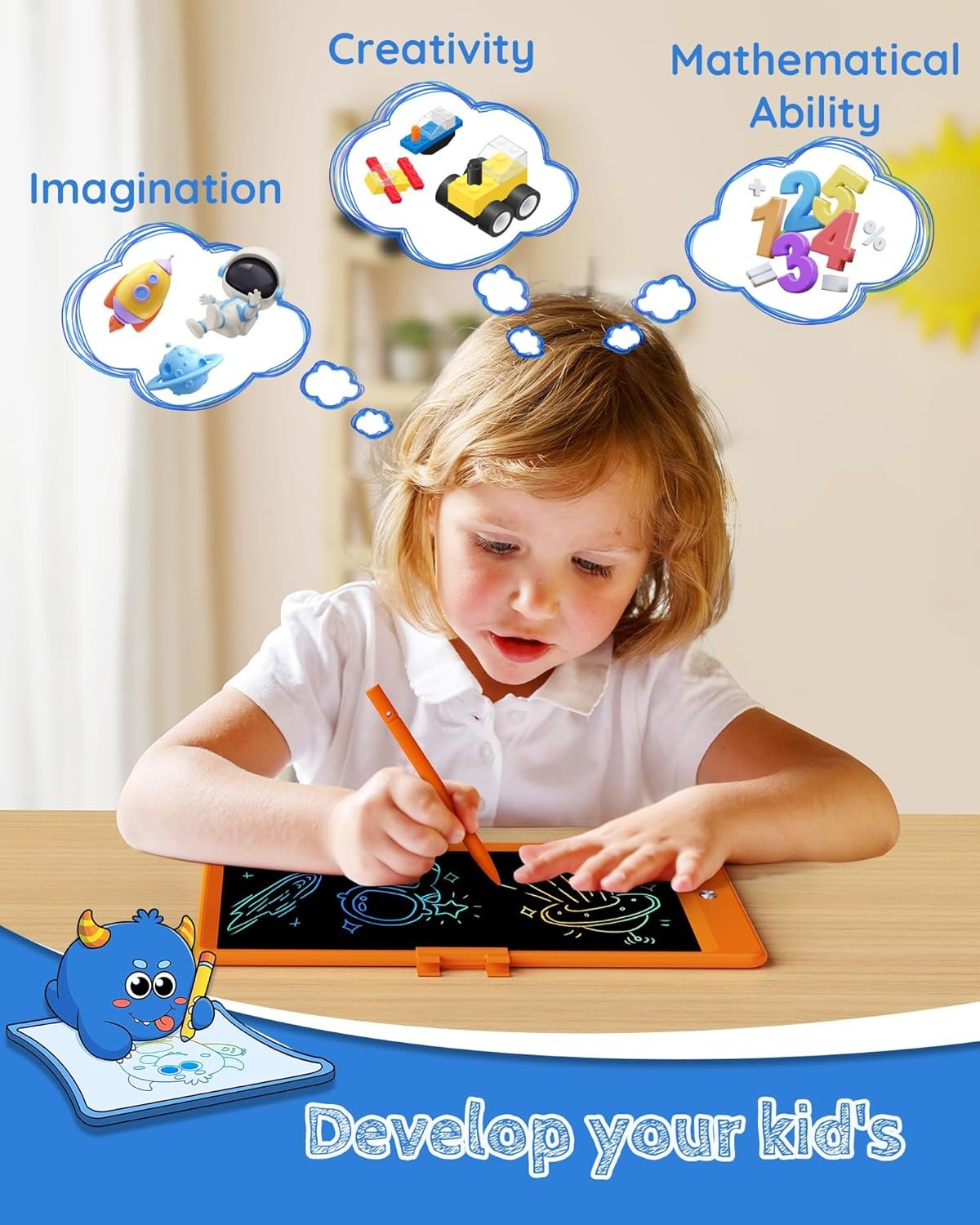 TEKFUN - Tablet de escritura con pantalla LCD, 10 pulgadas, tablet de dibujo con colores, juguetes de regalo para niñas y niños de 3 a 7 años (naranja) - Imagen 68