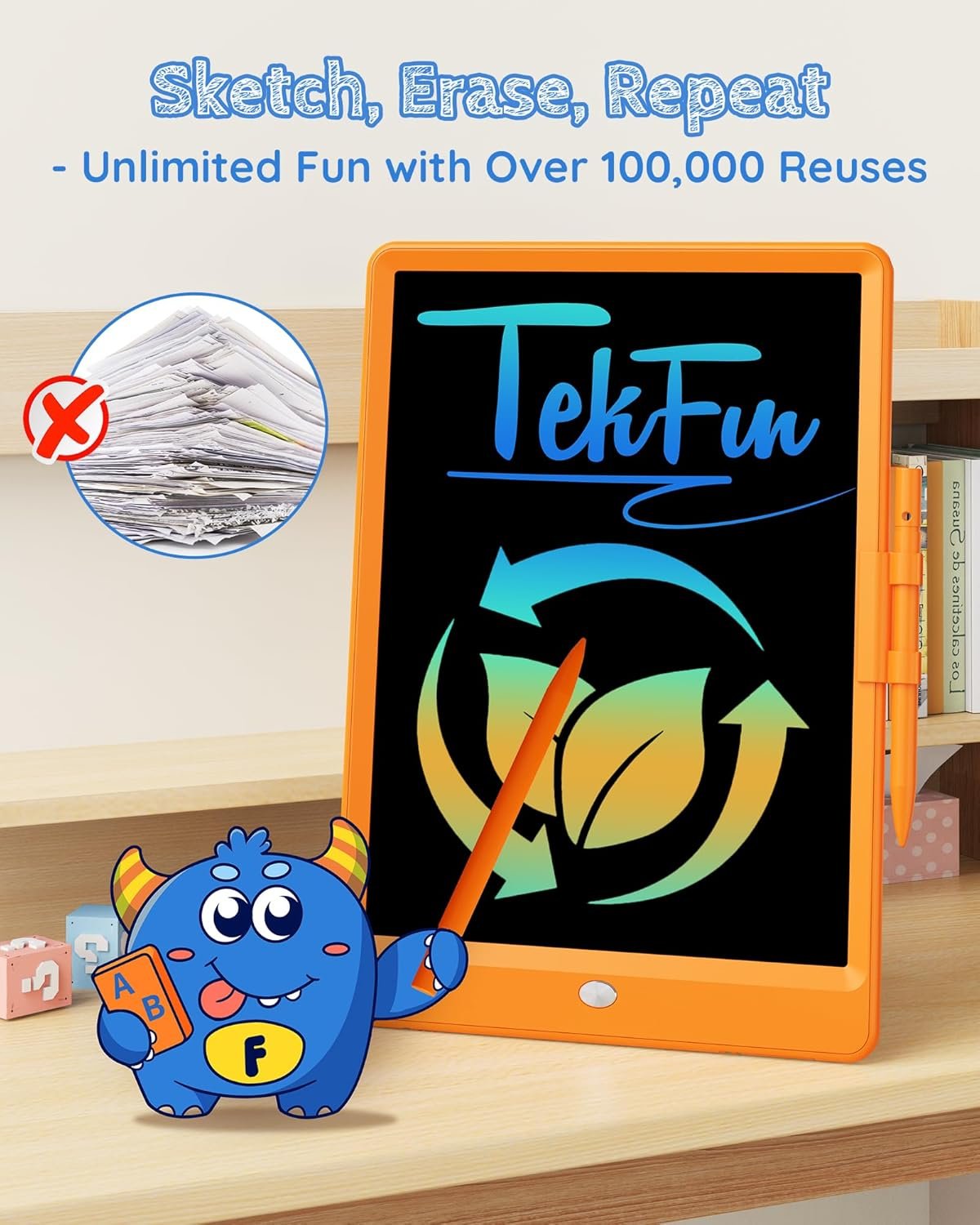 TEKFUN - Tablet de escritura con pantalla LCD, 10 pulgadas, tablet de dibujo con colores, juguetes de regalo para niñas y niños de 3 a 7 años (naranja) - Imagen 73