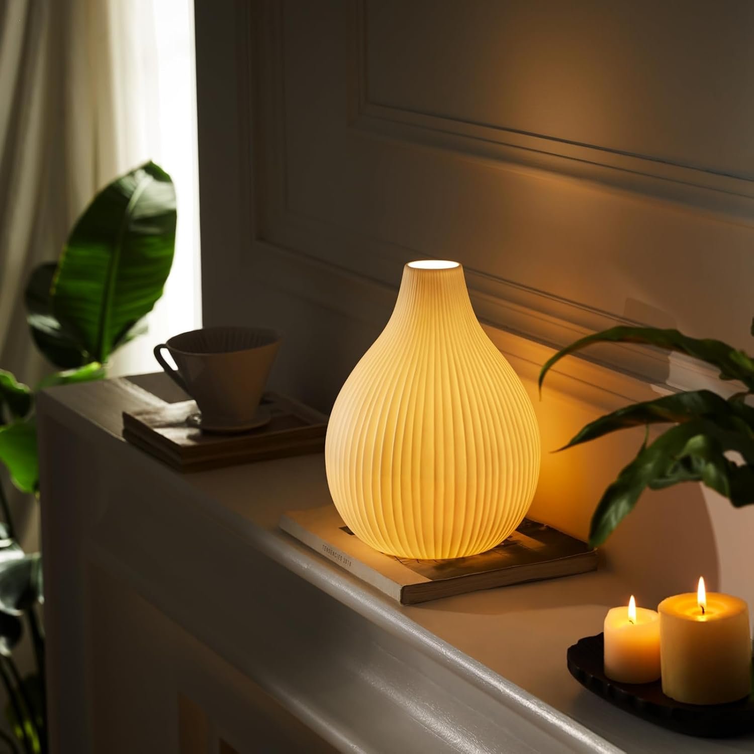 RONDURE Lámpara de mesa moderna de cerámica de 20.6 pulgadas, lámparas de noche modernas para dormitorio, sala de estar y mesita de noche, pantalla de cerámica translúcida blanca, iluminación - Imagen 18