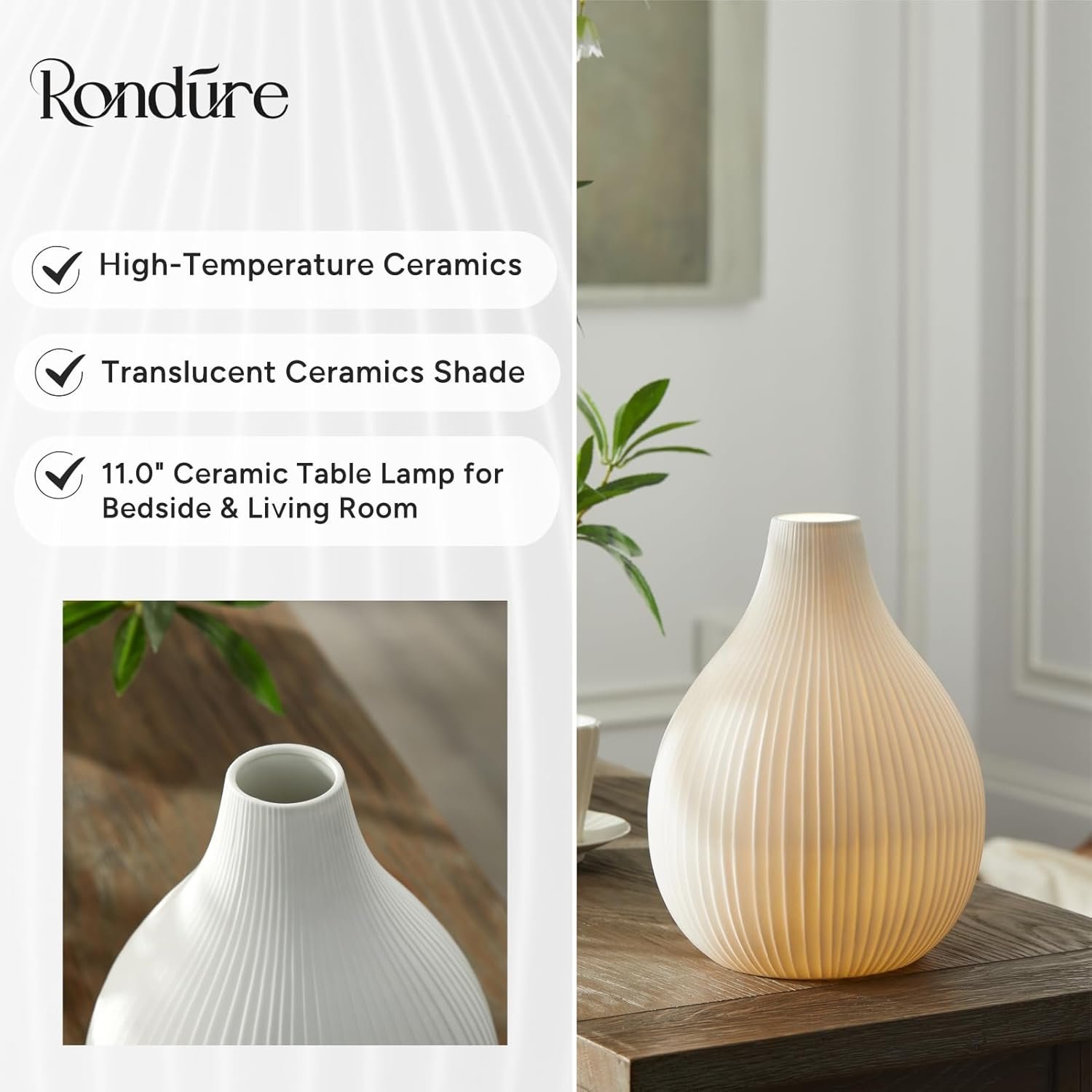 RONDURE Lámpara de mesa moderna de cerámica de 20.6 pulgadas, lámparas de noche modernas para dormitorio, sala de estar y mesita de noche, pantalla de cerámica translúcida blanca, iluminación - Imagen 21