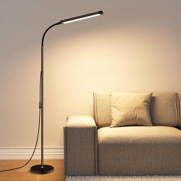 Moderna lámpara de pie LED para leer en negro, brillante luz de pie regulable de 12 W con cuello de cisne ajustable, 3 temperaturas de color, para esquina de sala de estar, oficina, sala de estudio