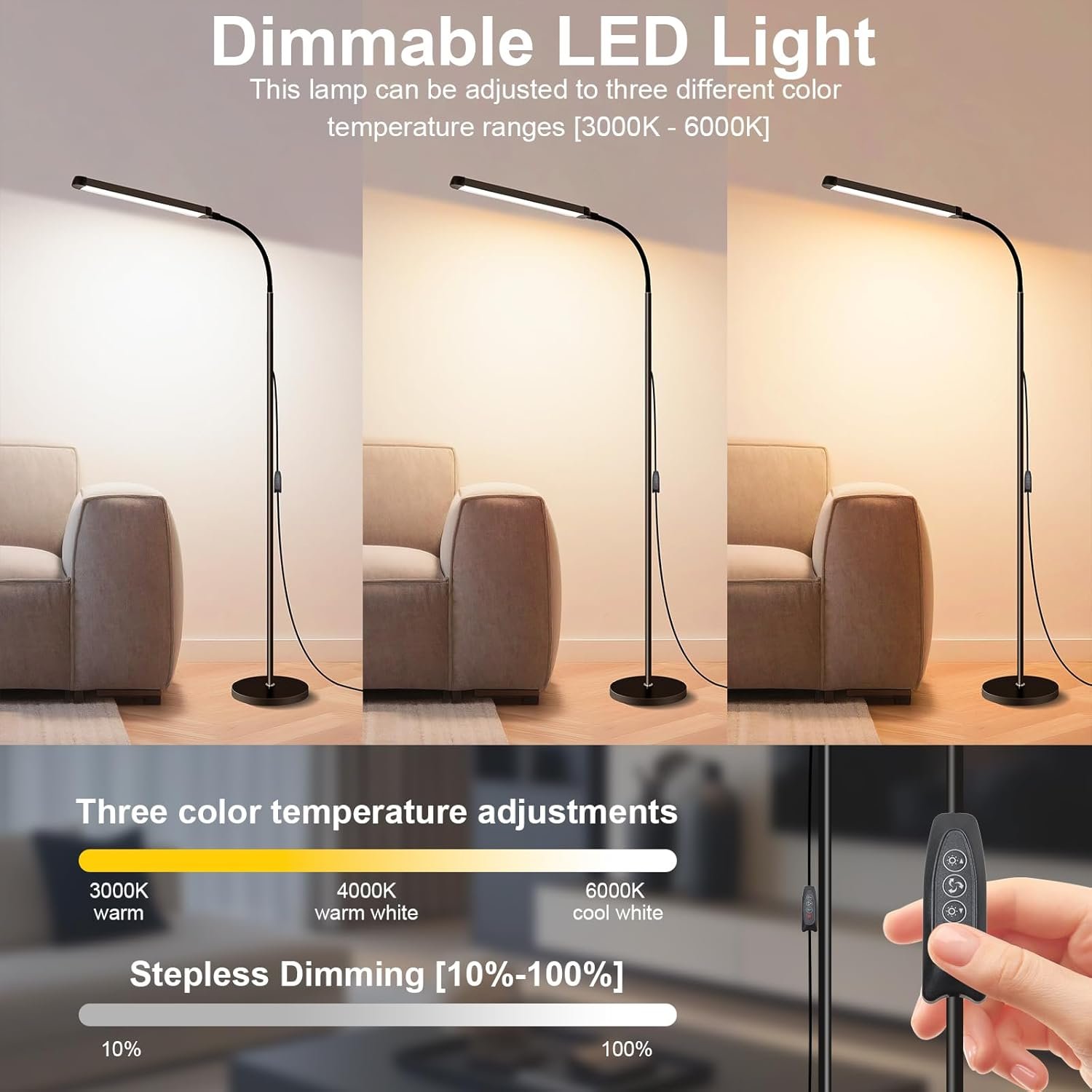 Moderna lámpara de pie LED para leer en negro, brillante luz de pie regulable de 12 W con cuello de cisne ajustable, 3 temperaturas de color, para esquina de sala de estar, oficina, sala de estudio - Imagen 3