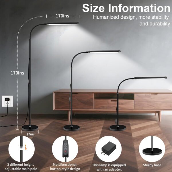 Moderna lámpara de pie LED para leer en negro, brillante luz de pie regulable de 12 W con cuello de cisne ajustable, 3 temperaturas de color, para esquina de sala de estar, oficina, sala de estudio - Imagen 4