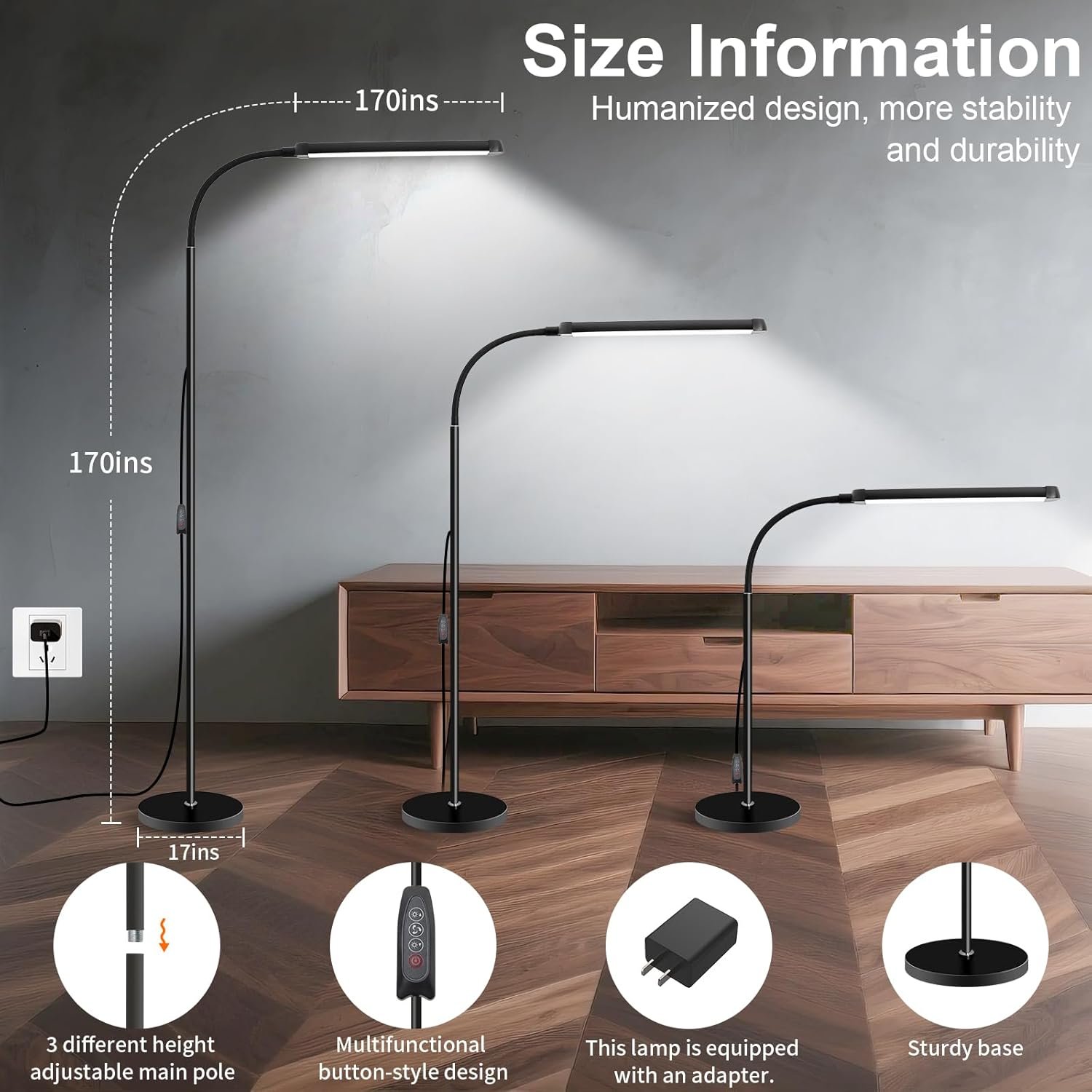 Moderna lámpara de pie LED para leer en negro, brillante luz de pie regulable de 12 W con cuello de cisne ajustable, 3 temperaturas de color, para esquina de sala de estar, oficina, sala de estudio - Imagen 4