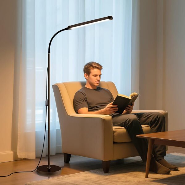 Moderna lámpara de pie LED para leer en negro, brillante luz de pie regulable de 12 W con cuello de cisne ajustable, 3 temperaturas de color, para esquina de sala de estar, oficina, sala de estudio - Imagen 5