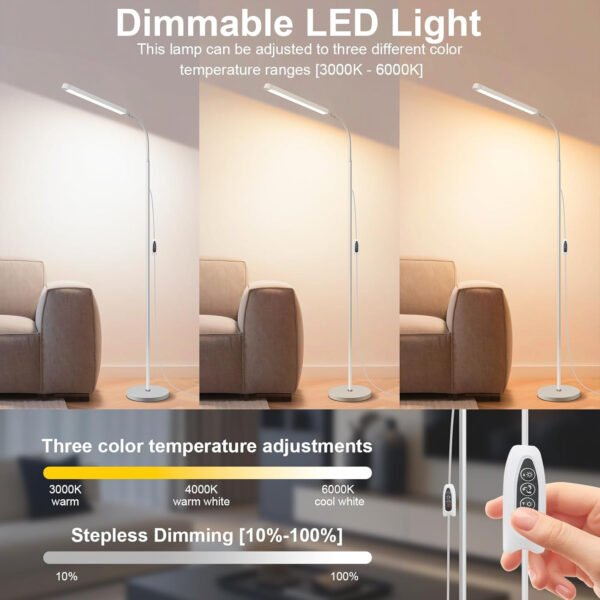 Moderna lámpara de pie LED para leer en negro, brillante luz de pie regulable de 12 W con cuello de cisne ajustable, 3 temperaturas de color, para esquina de sala de estar, oficina, sala de estudio - Imagen 11
