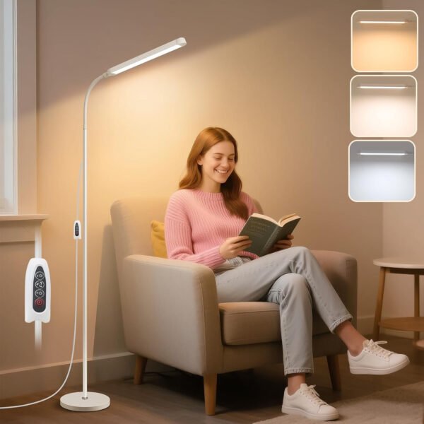 Moderna lámpara de pie LED para leer en negro, brillante luz de pie regulable de 12 W con cuello de cisne ajustable, 3 temperaturas de color, para esquina de sala de estar, oficina, sala de estudio - Imagen 15