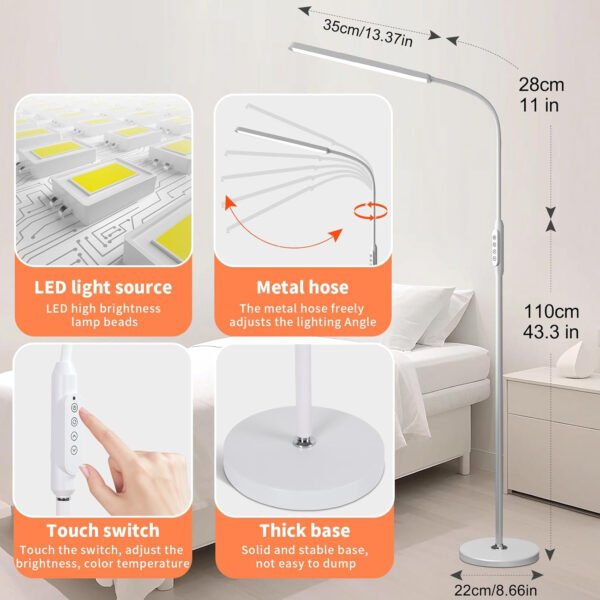 Moderna lámpara de pie LED para leer en negro, brillante luz de pie regulable de 12 W con cuello de cisne ajustable, 3 temperaturas de color, para esquina de sala de estar, oficina, sala de estudio - Imagen 21