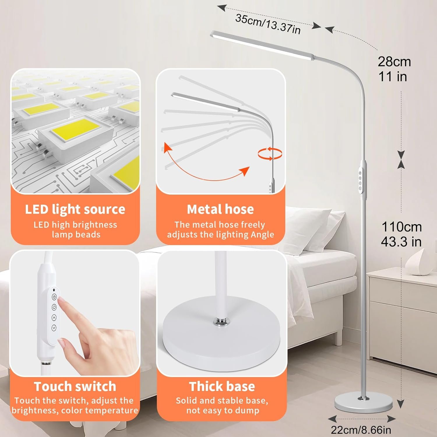 Moderna lámpara de pie LED para leer en negro, brillante luz de pie regulable de 12 W con cuello de cisne ajustable, 3 temperaturas de color, para esquina de sala de estar, oficina, sala de estudio - Imagen 21