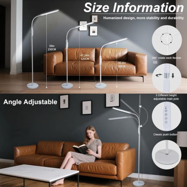 Moderna lámpara de pie LED para leer en negro, brillante luz de pie regulable de 12 W con cuello de cisne ajustable, 3 temperaturas de color, para esquina de sala de estar, oficina, sala de estudio - Imagen 22