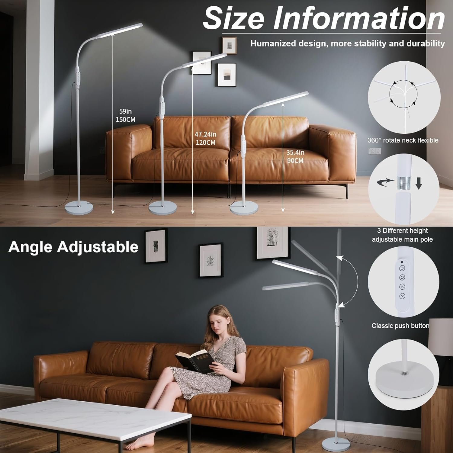 Moderna lámpara de pie LED para leer en negro, brillante luz de pie regulable de 12 W con cuello de cisne ajustable, 3 temperaturas de color, para esquina de sala de estar, oficina, sala de estudio - Imagen 22
