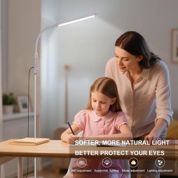 Moderna lámpara de pie LED para leer en negro, brillante luz de pie regulable de 12 W con cuello de cisne ajustable, 3 temperaturas de color, para esquina de sala de estar, oficina, sala de estudio - Imagen 23