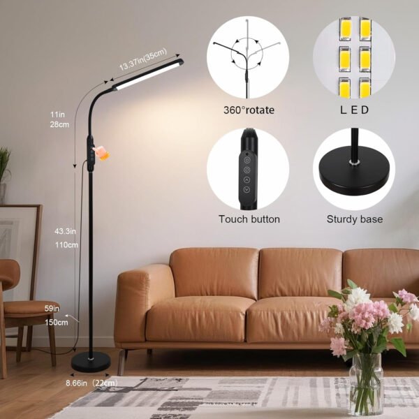 Moderna lámpara de pie LED para leer en negro, brillante luz de pie regulable de 12 W con cuello de cisne ajustable, 3 temperaturas de color, para esquina de sala de estar, oficina, sala de estudio - Imagen 28