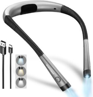 Glocusent - Luz de lectura para el cuello, 3 colores, 6 niveles de brillo, brazos flexibles, recargable, larga duración, perfecta para leer en la cama, tejer, camping y reparación