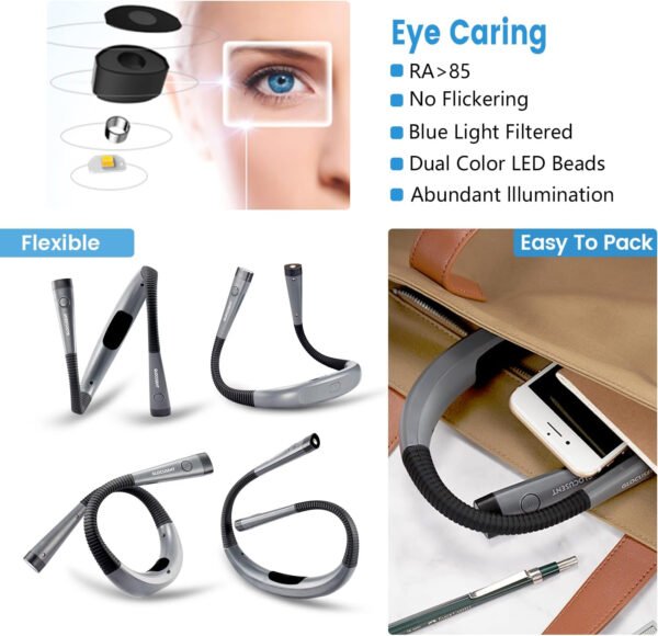 Glocusent - Luz de lectura para el cuello, 3 colores, 6 niveles de brillo, brazos flexibles, recargable, larga duración, perfecta para leer en la cama, tejer, camping y reparación - Imagen 4