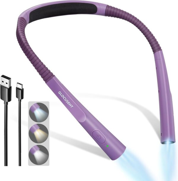 Glocusent - Luz de lectura para el cuello, 3 colores, 6 niveles de brillo, brazos flexibles, recargable, larga duración, perfecta para leer en la cama, tejer, camping y reparación - Imagen 7