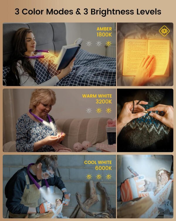 Glocusent - Luz de lectura para el cuello, 3 colores, 6 niveles de brillo, brazos flexibles, recargable, larga duración, perfecta para leer en la cama, tejer, camping y reparación - Imagen 9