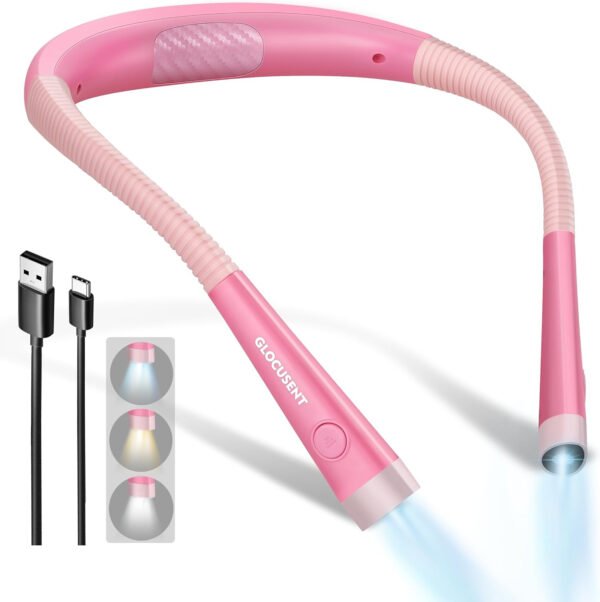 Glocusent - Luz de lectura para el cuello, 3 colores, 6 niveles de brillo, brazos flexibles, recargable, larga duración, perfecta para leer en la cama, tejer, camping y reparación - Imagen 13