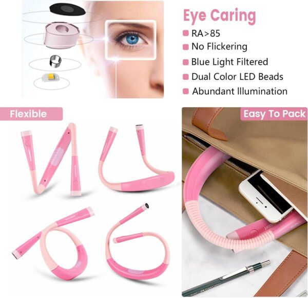 Glocusent - Luz de lectura para el cuello, 3 colores, 6 niveles de brillo, brazos flexibles, recargable, larga duración, perfecta para leer en la cama, tejer, camping y reparación - Imagen 16