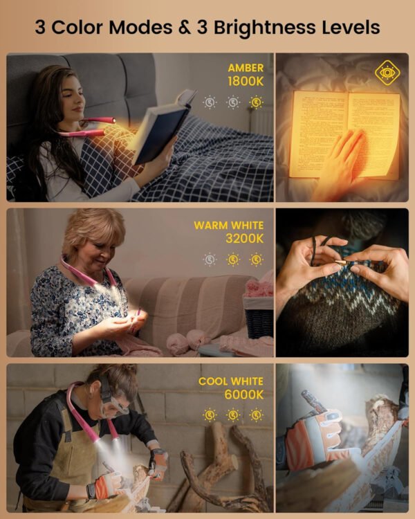 Glocusent - Luz de lectura para el cuello, 3 colores, 6 niveles de brillo, brazos flexibles, recargable, larga duración, perfecta para leer en la cama, tejer, camping y reparación - Imagen 21