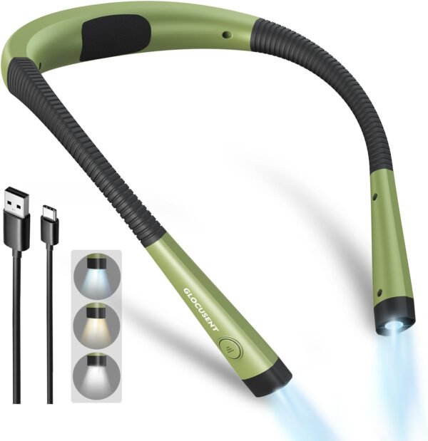 Glocusent - Luz de lectura para el cuello, 3 colores, 6 niveles de brillo, brazos flexibles, recargable, larga duración, perfecta para leer en la cama, tejer, camping y reparación - Imagen 25